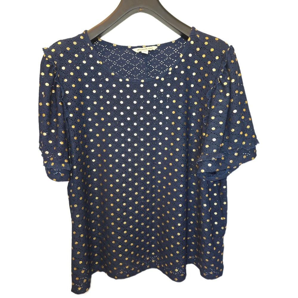Zac & Rachel Woman‎ Navy Blue Gold Polka Dot Eyelet Flutter Sleeve Top 2X
